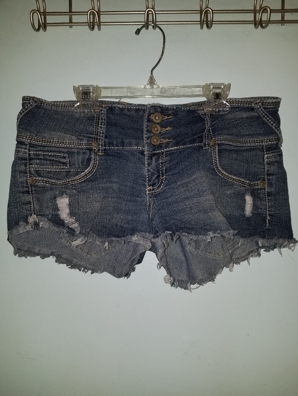 Distressed Denim Blue Jean Shorts Triple 3 Button Waist Decorative Pockets